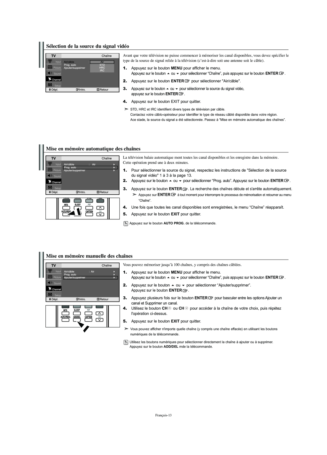Samsung LN-S2341W manual Sélection de la source du signal vidéo, Mise en mémoire automatique des chaînes 