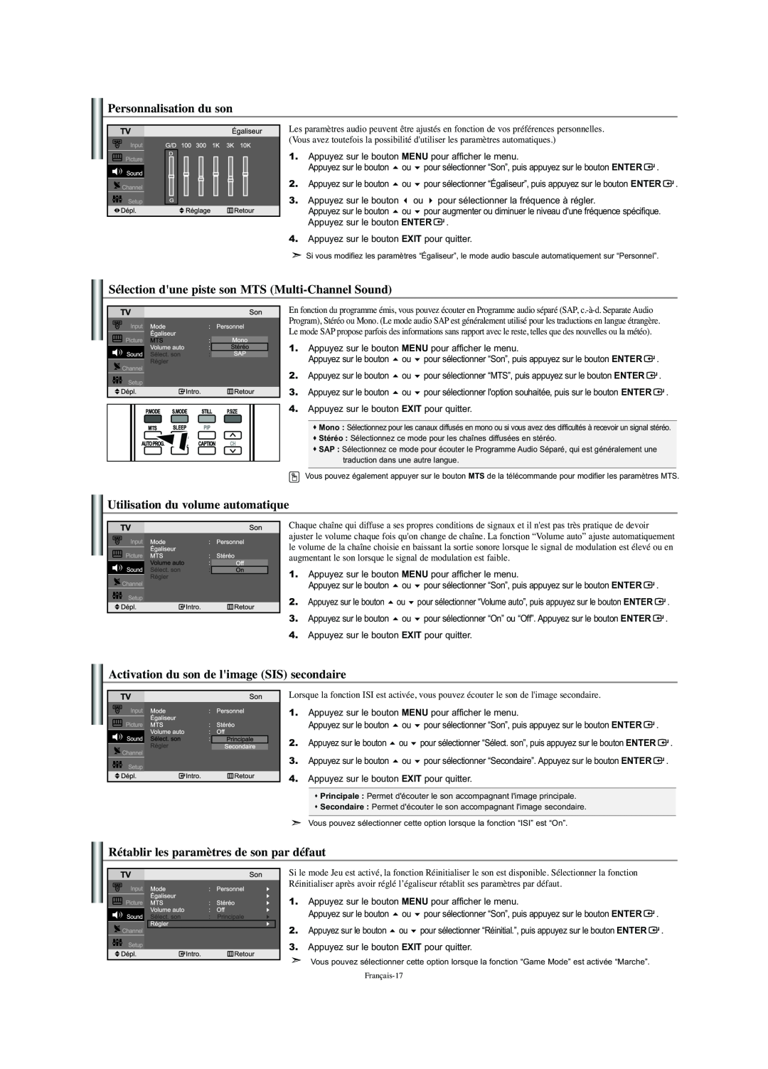 Samsung LN-S2341W manual Personnalisation du son, Sélection dune piste son MTS Multi-Channel Sound 