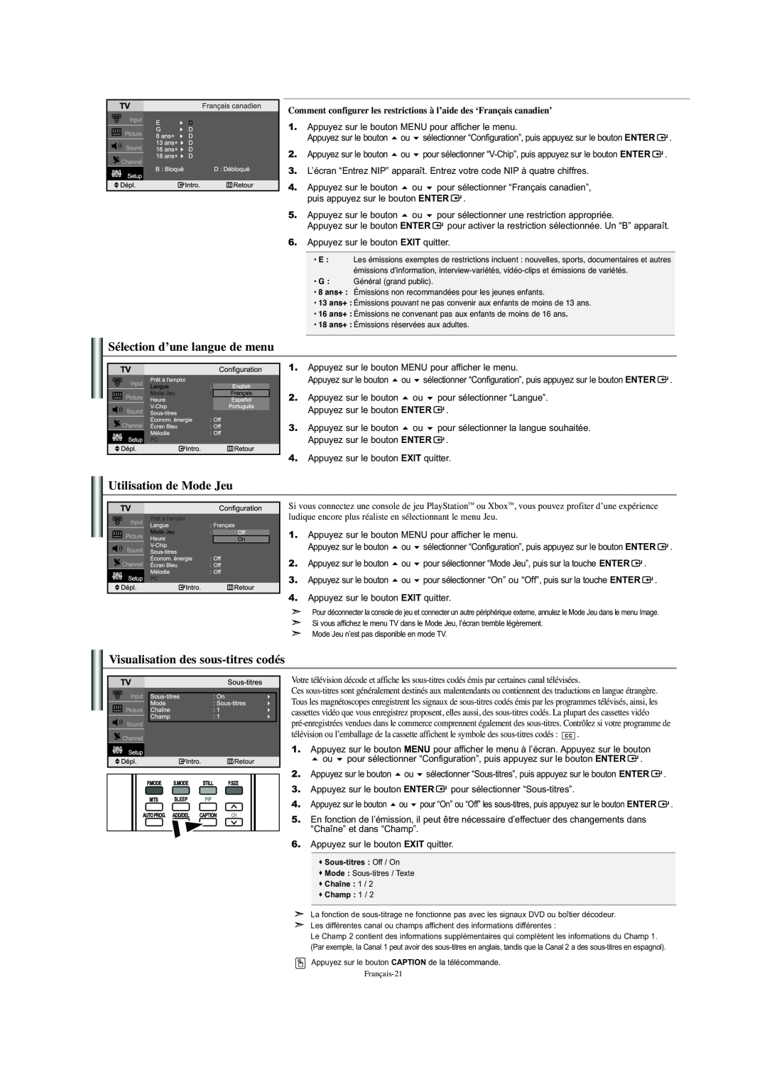 Samsung LN-S2341W manual Sélection d’une langue de menu, Utilisation de Mode Jeu, Visualisation des sous-titres codés 