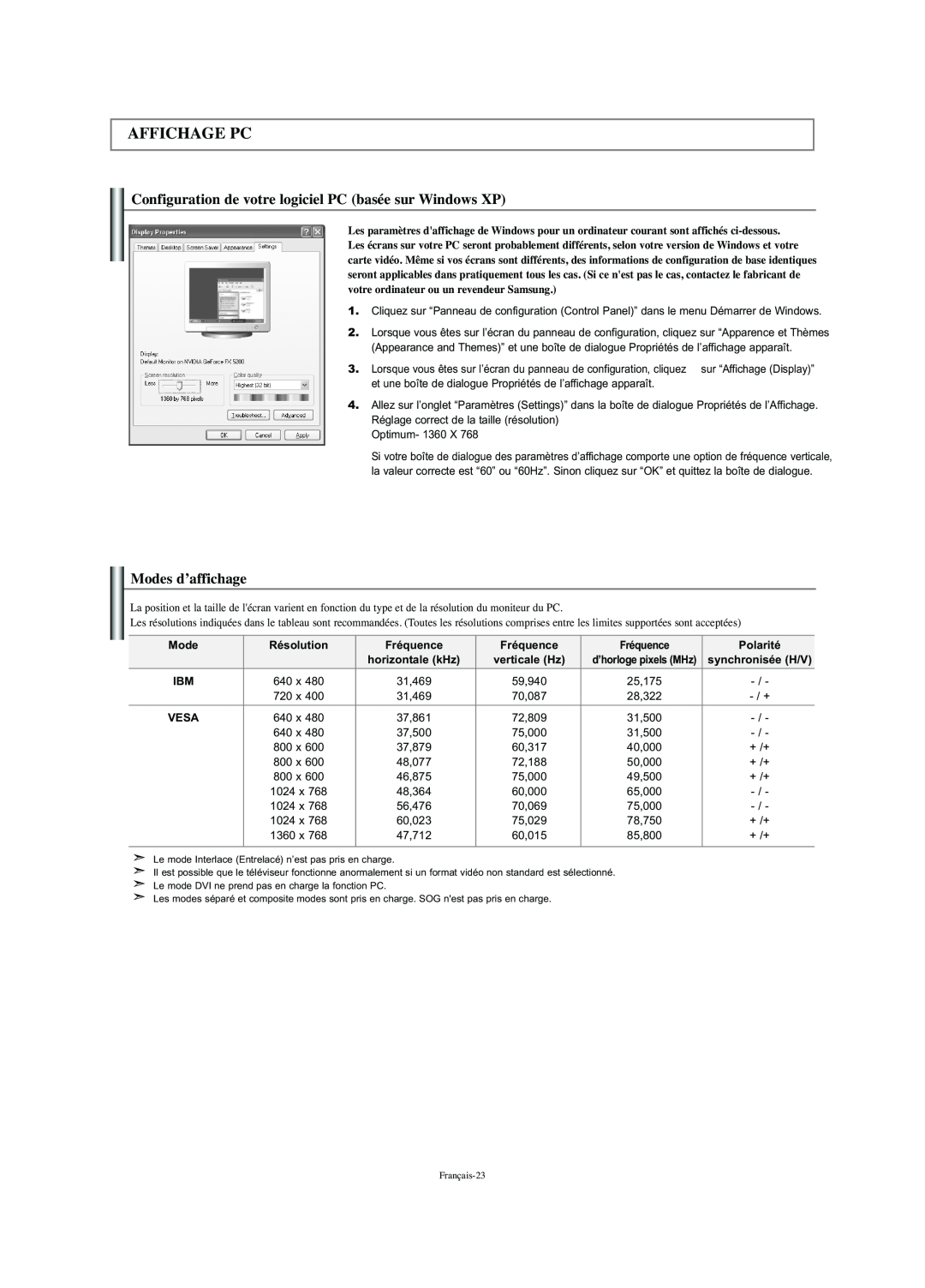 Samsung LN-S2341W manual Affichage Pc, Configuration de votre logiciel PC basée sur Windows XP, Modes d’affichage 