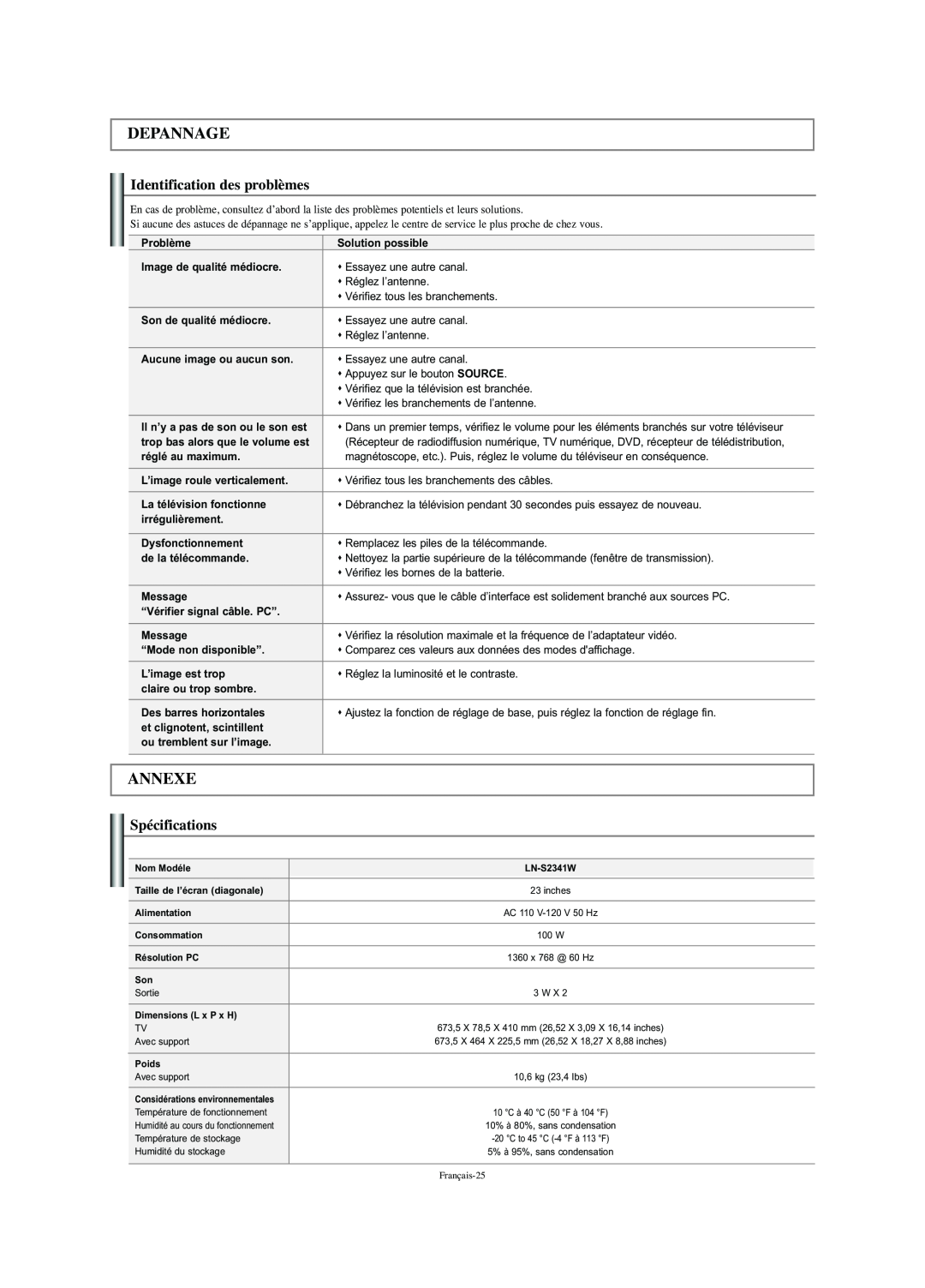 Samsung LN-S2341W manual Depannage, Annexe, Identification des problèmes, Spécifications 