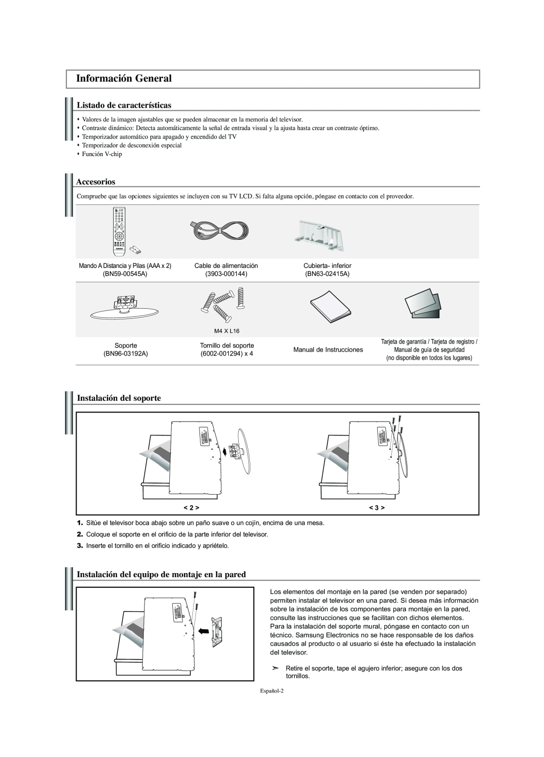 Samsung LN-S2341W manual Información General, Listado de características, Accesorios, Instalación del soporte 