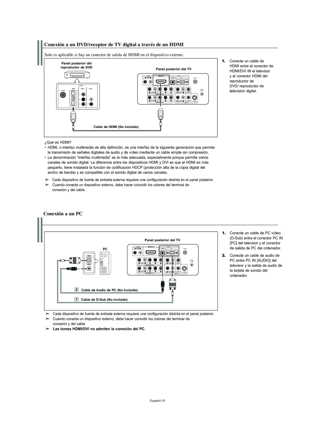 Samsung LN-S2341W manual Conexión a un DVD/receptor de TV digital a través de un HDMI, Conexión a un PC 