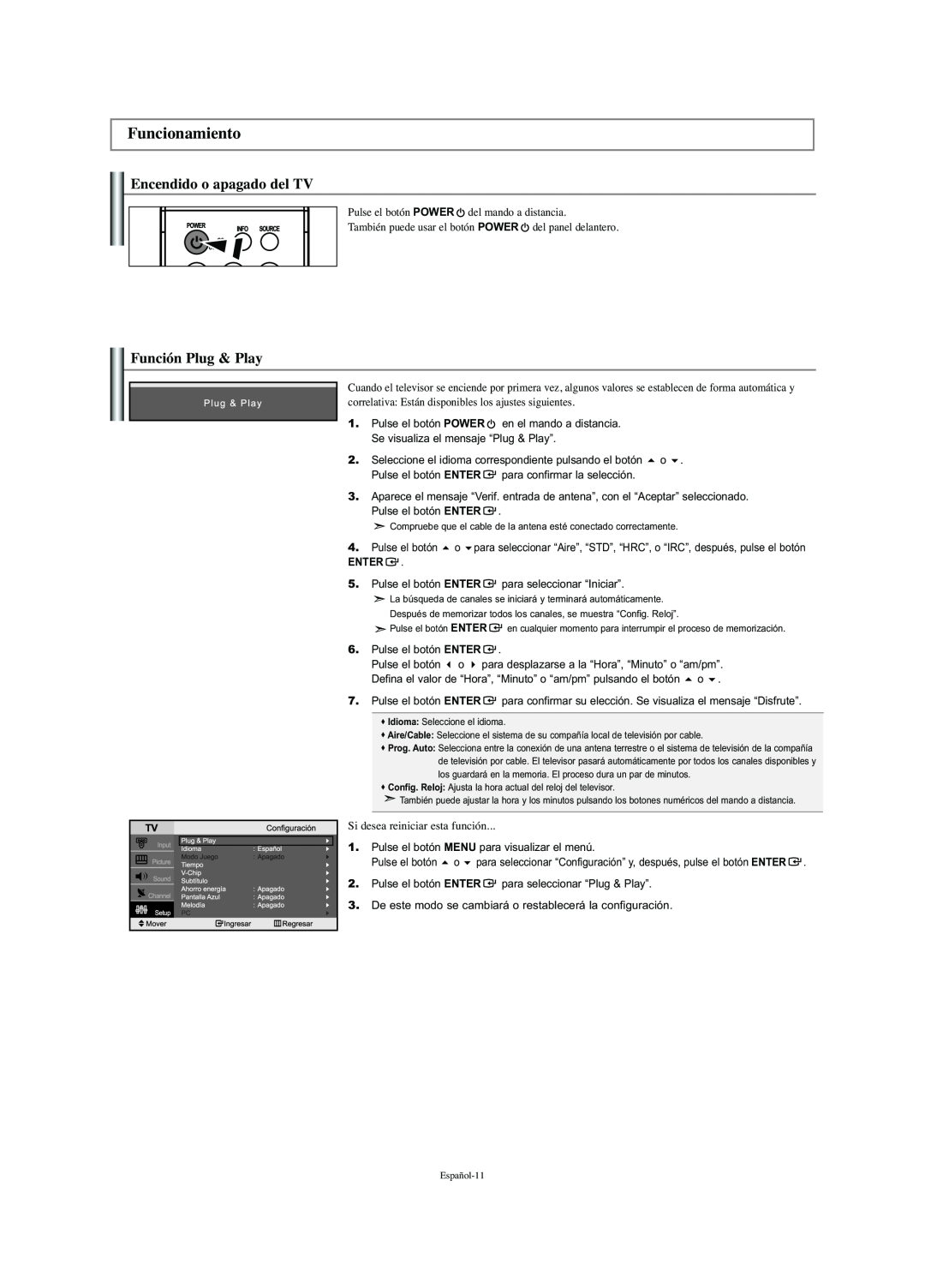 Samsung LN-S2341W manual Funcionamiento, Encendido o apagado del TV, Función Plug & Play 