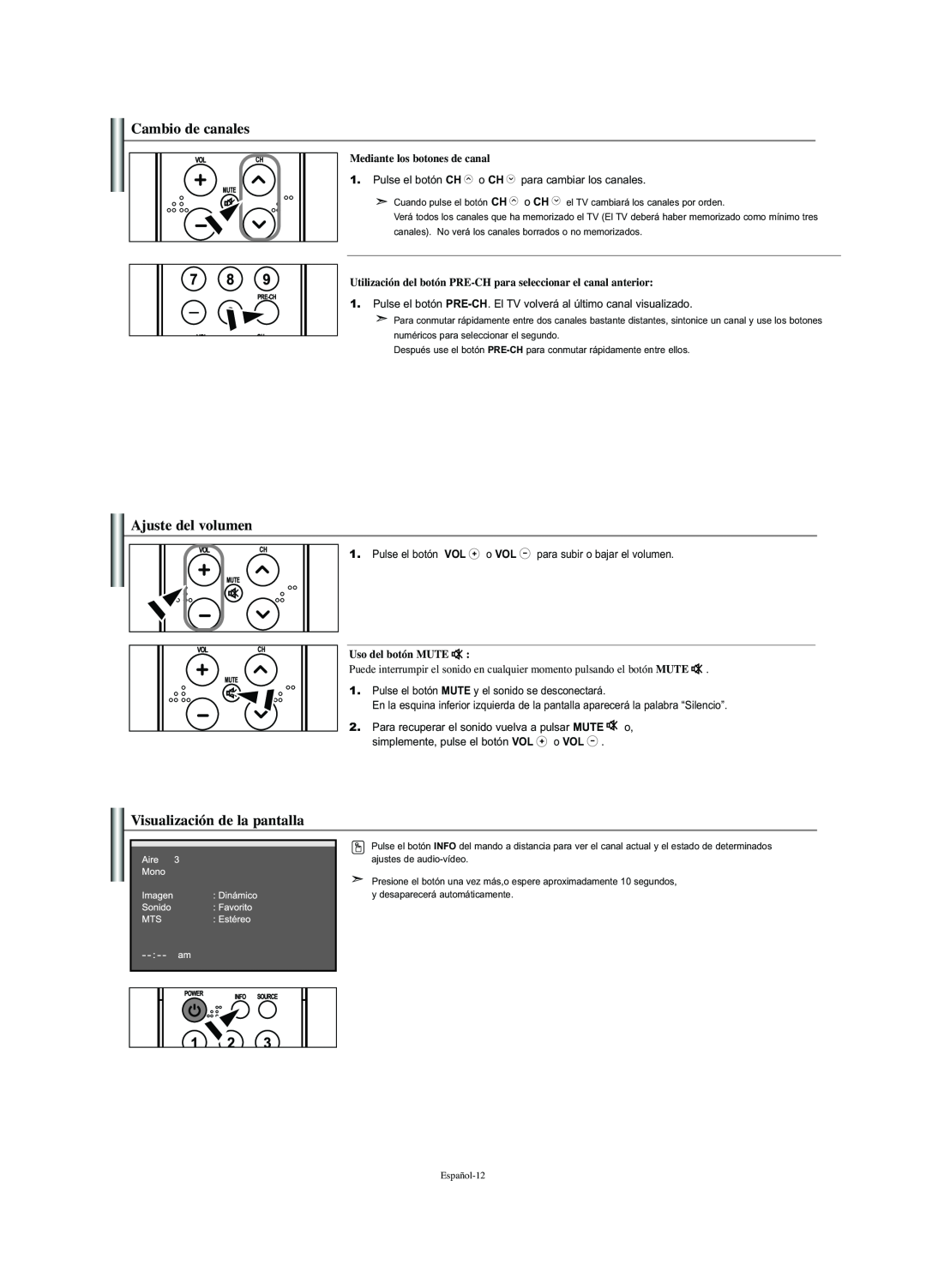 Samsung LN-S2341W manual Cambio de canales, Ajuste del volumen, Visualización de la pantalla, Mediante los botones de canal 