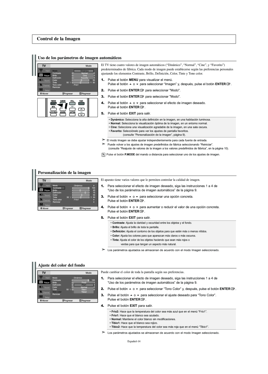 Samsung LN-S2341W manual Control de la Imagen, Uso de los parámetros de imagen automáticos, Personalización de la imagen 