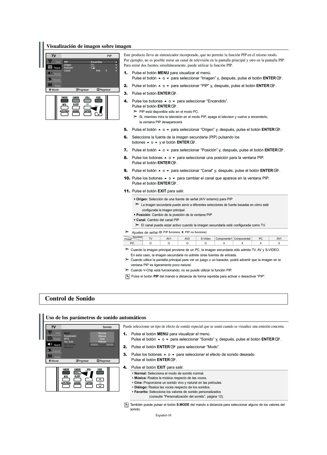 Samsung LN-S2341W Control de Sonido, Visualización de imagen sobre imagen, Uso de los parámetros de sonido automáticos 