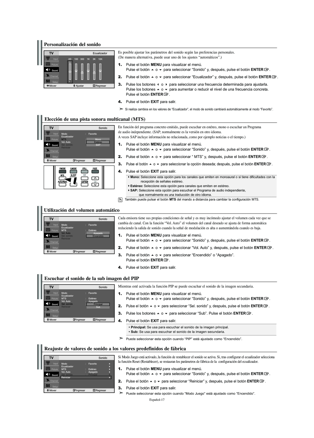 Samsung LN-S2341W manual Personalización del sonido, Elección de una pista sonora multicanal MTS 