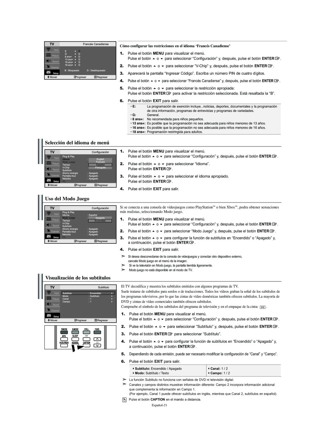 Samsung LN-S2341W manual Selección del idioma de menú, Uso del Modo Juego, Visualización de los subtítulos 