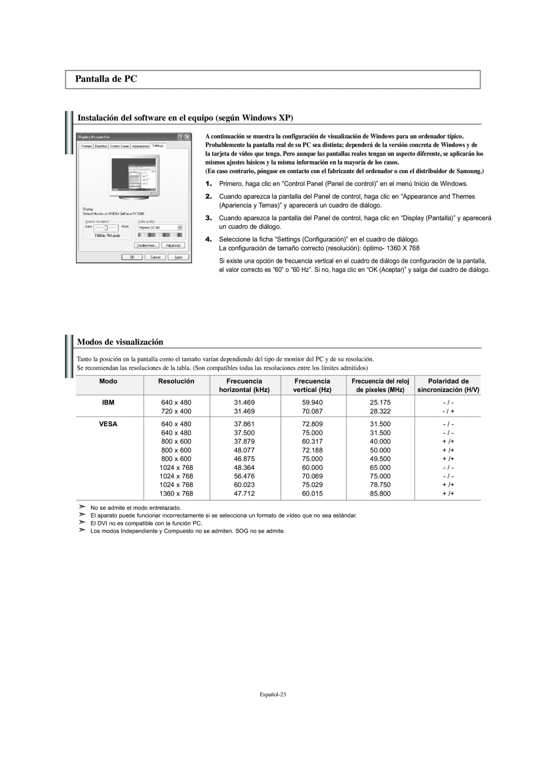 Samsung LN-S2341W manual Pantalla de PC, Instalación del software en el equipo según Windows XP, Modos de visualización 