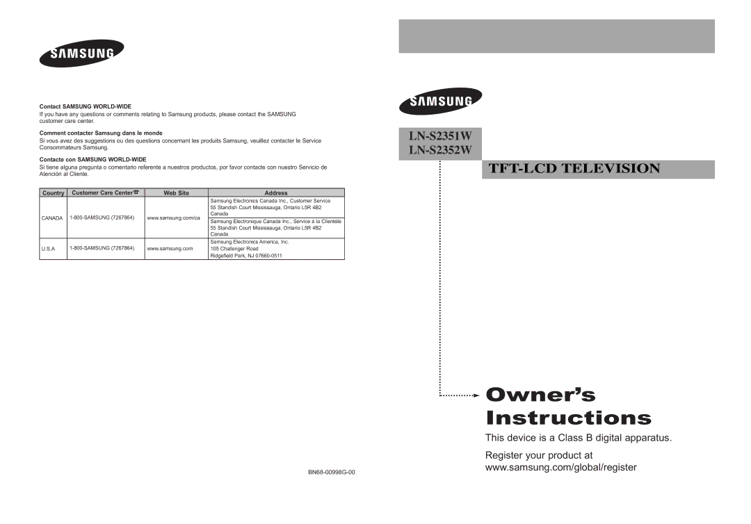 Samsung LN-S2351W manual Contact Samsung WORLD-WIDE 