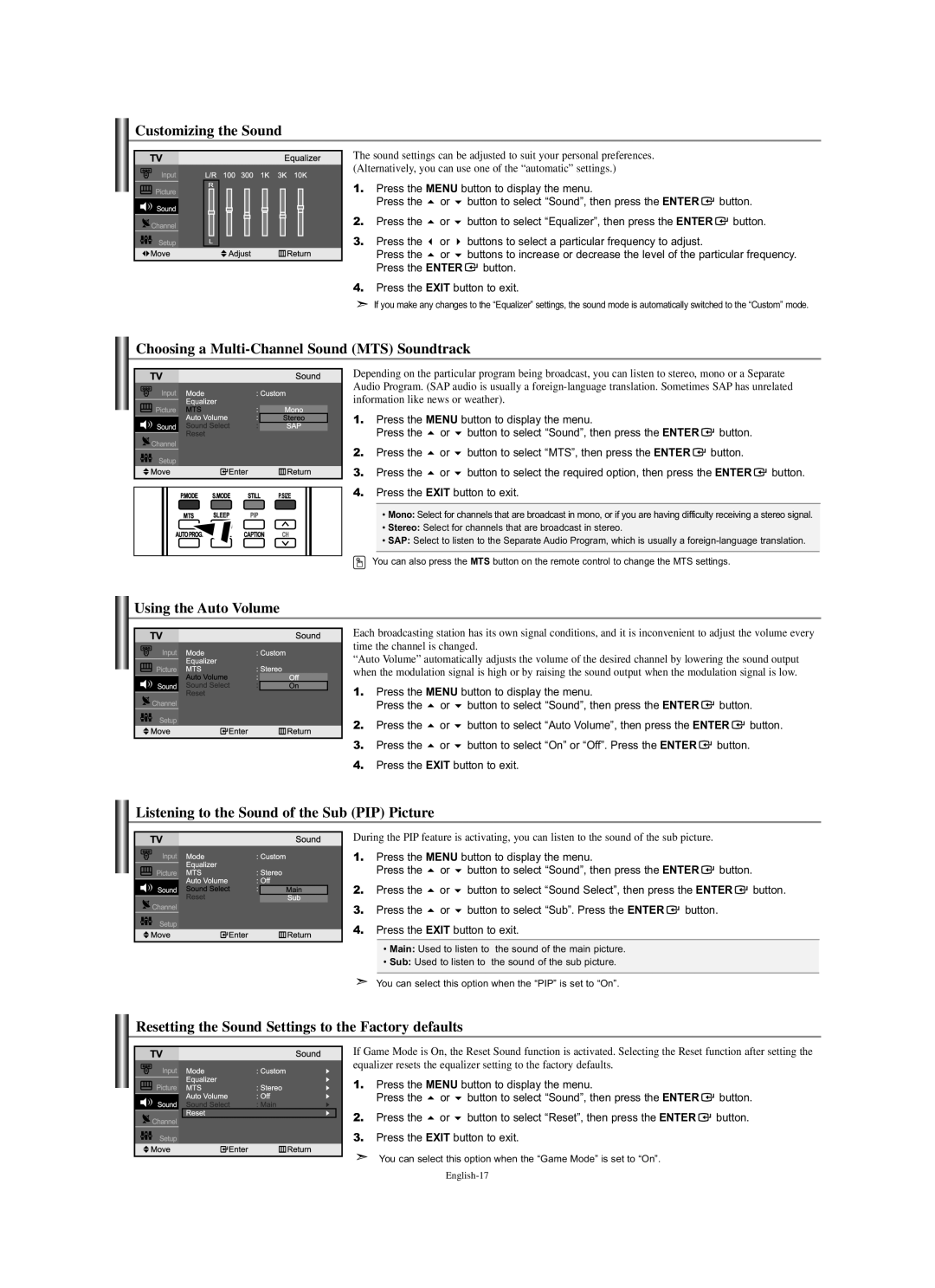 Samsung LN-S2351W manual Customizing the Sound, Choosing a Multi-Channel Sound MTS Soundtrack, Using the Auto Volume 