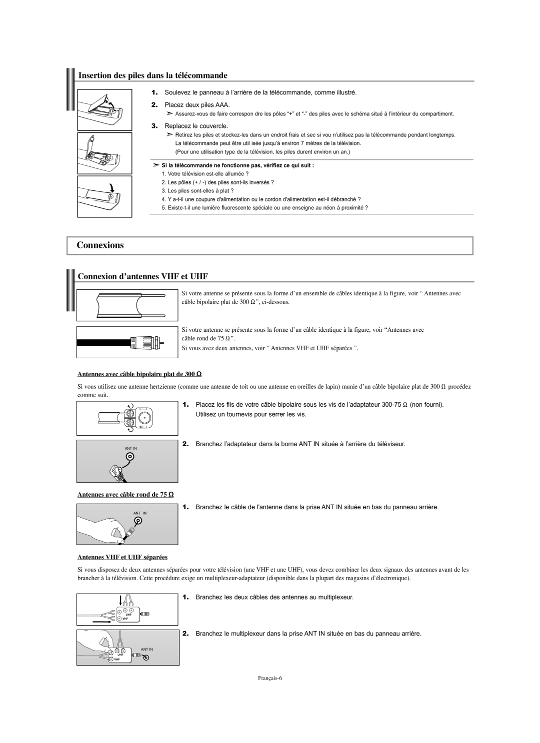 Samsung LN-S2351W manual Connexions, Insertion des piles dans la télécommande, Connexion d’antennes VHF et UHF 