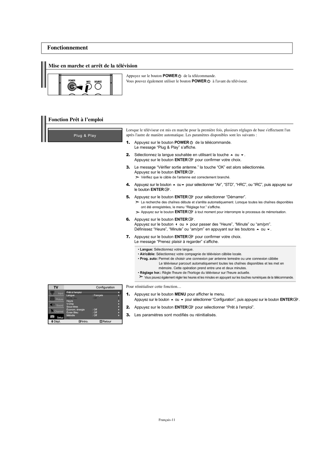 Samsung LN-S2351W manual Fonctionnement, Mise en marche et arrêt de la télévision, Fonction Prêt à l’emploi 