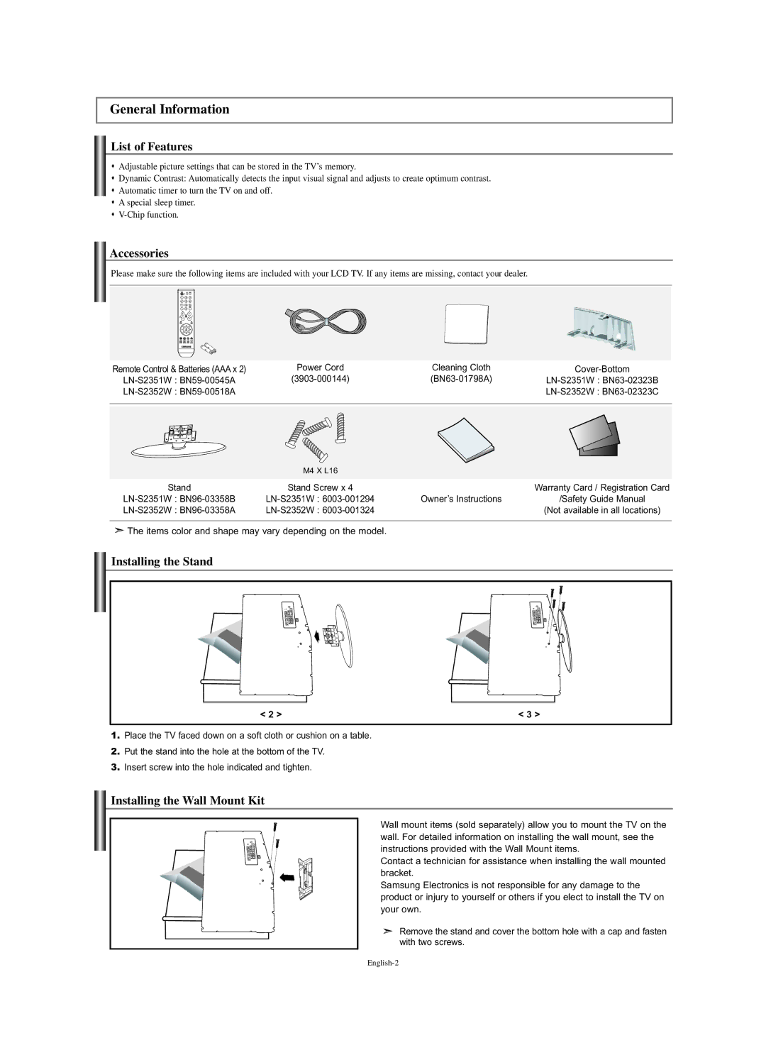 Samsung LN-S2351W General Information, List of Features, Accessories, Installing the Stand, Installing the Wall Mount Kit 