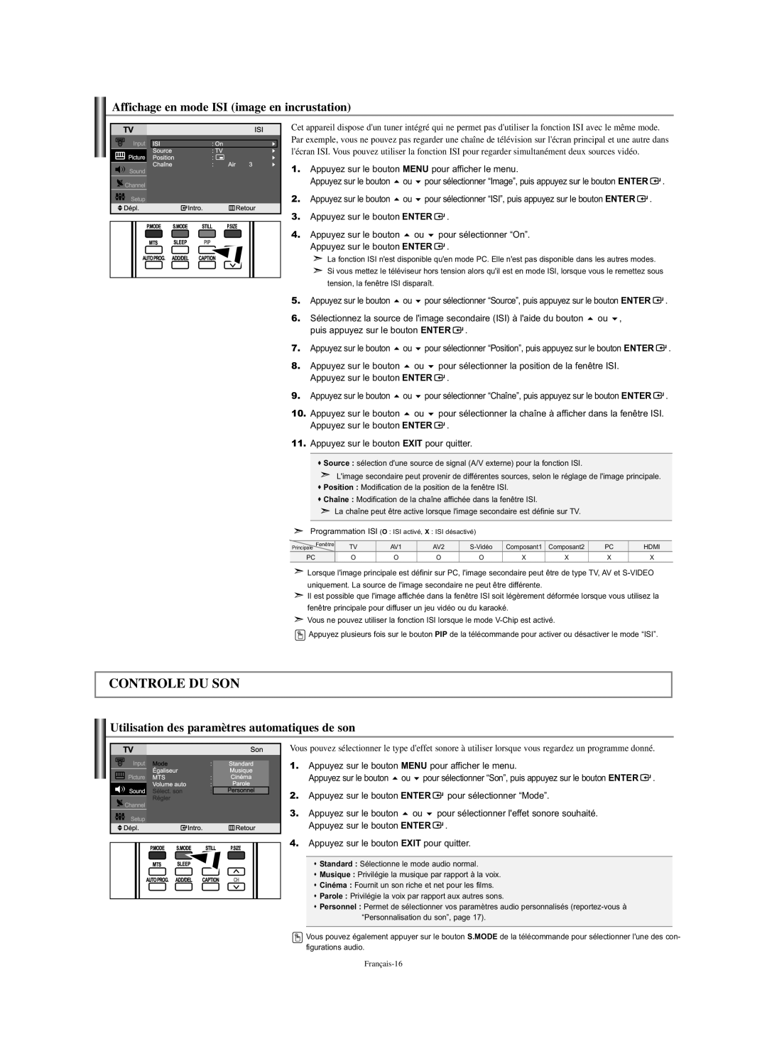 Samsung LN-S2351W manual Affichage en mode ISI image en incrustation, Utilisation des paramètres automatiques de son 