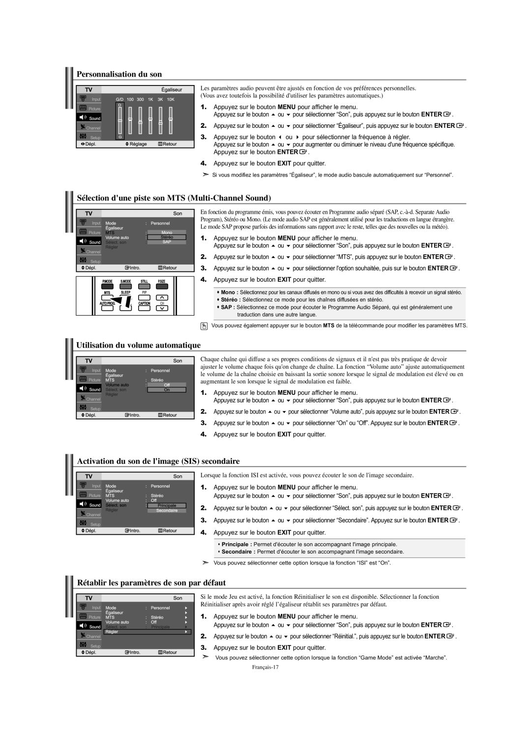 Samsung LN-S2351W manual Personnalisation du son, Sélection dune piste son MTS Multi-Channel Sound 