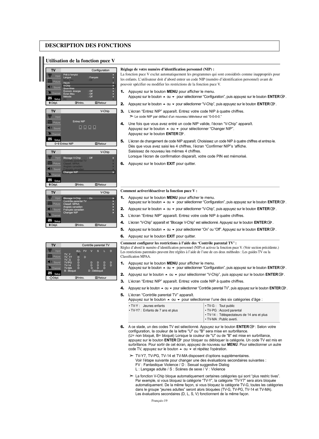 Samsung LN-S2351W manual Utilisation de la fonction puce, Réglage de votre numéro d’identification personnel NIP 