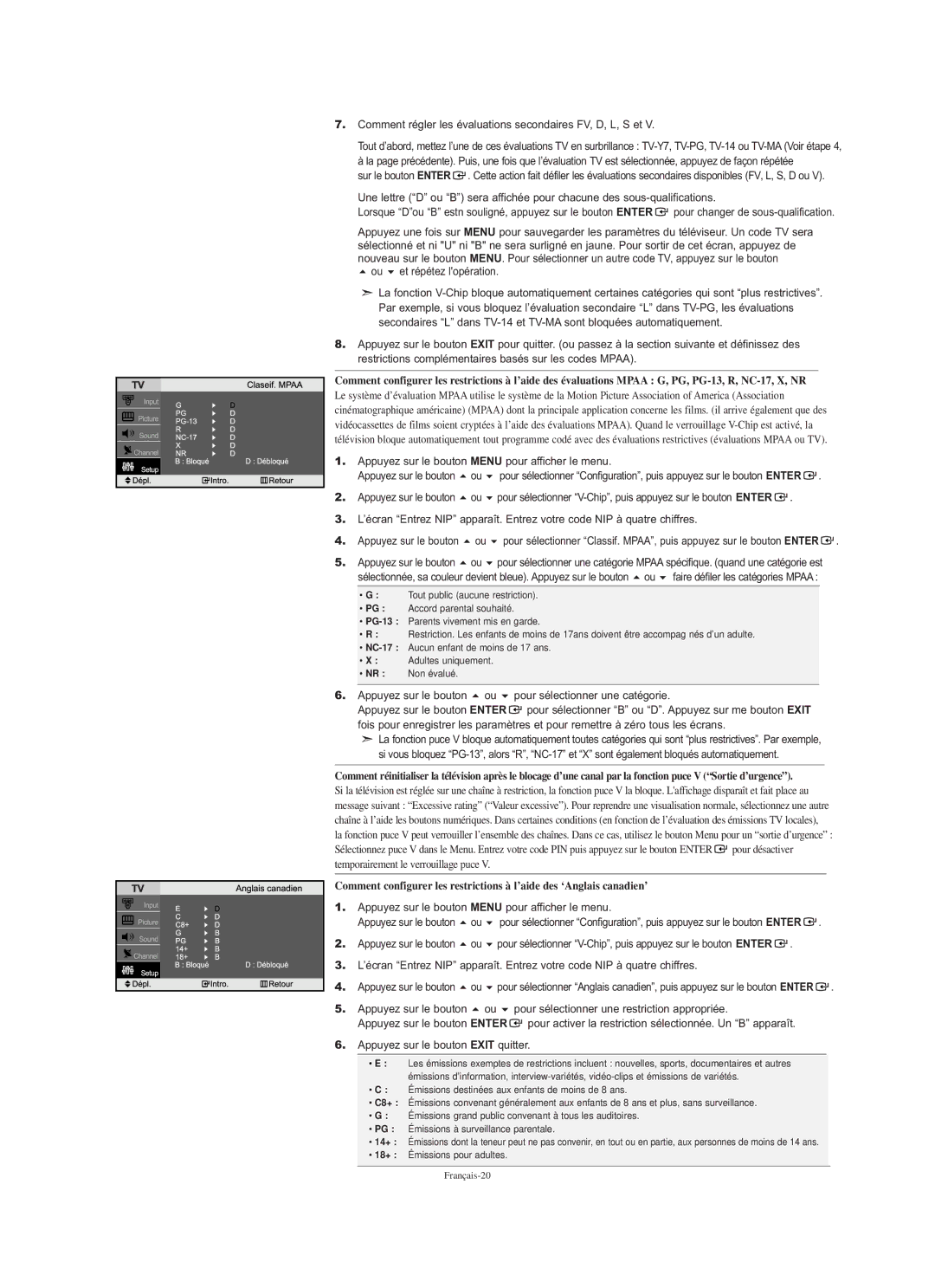 Samsung LN-S2351W Comment régler les évaluations secondaires FV, D, L, S et, Pour sélectionner une restriction appropriée 