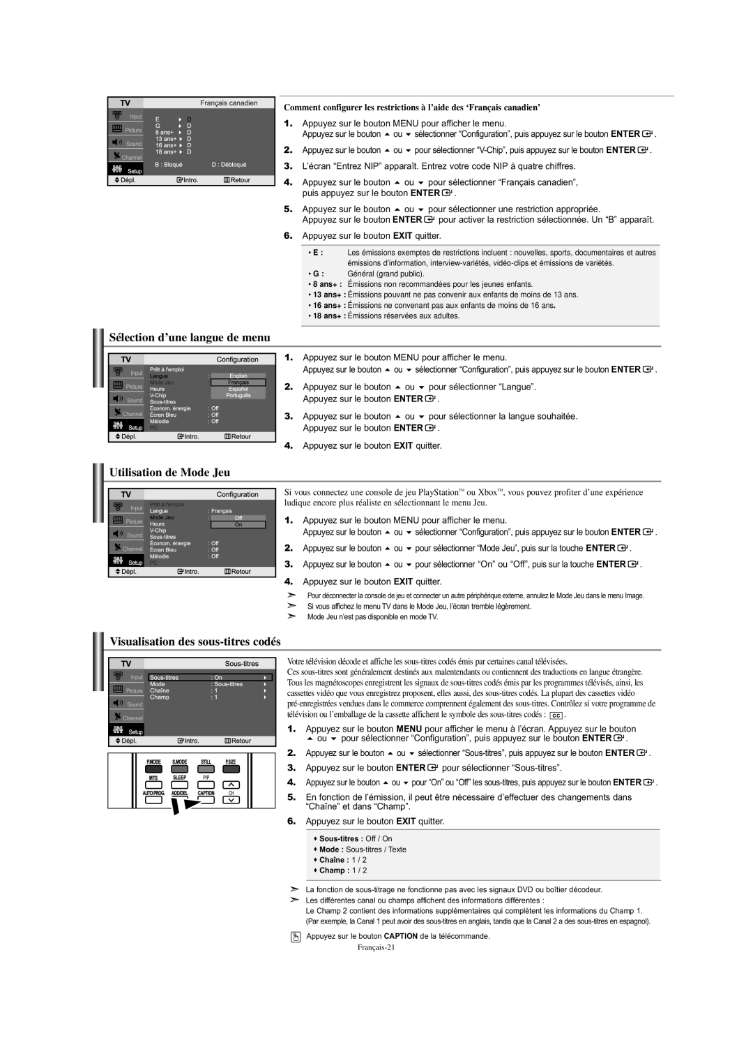 Samsung LN-S2351W manual Sélection d’une langue de menu, Utilisation de Mode Jeu, Visualisation des sous-titres codés 