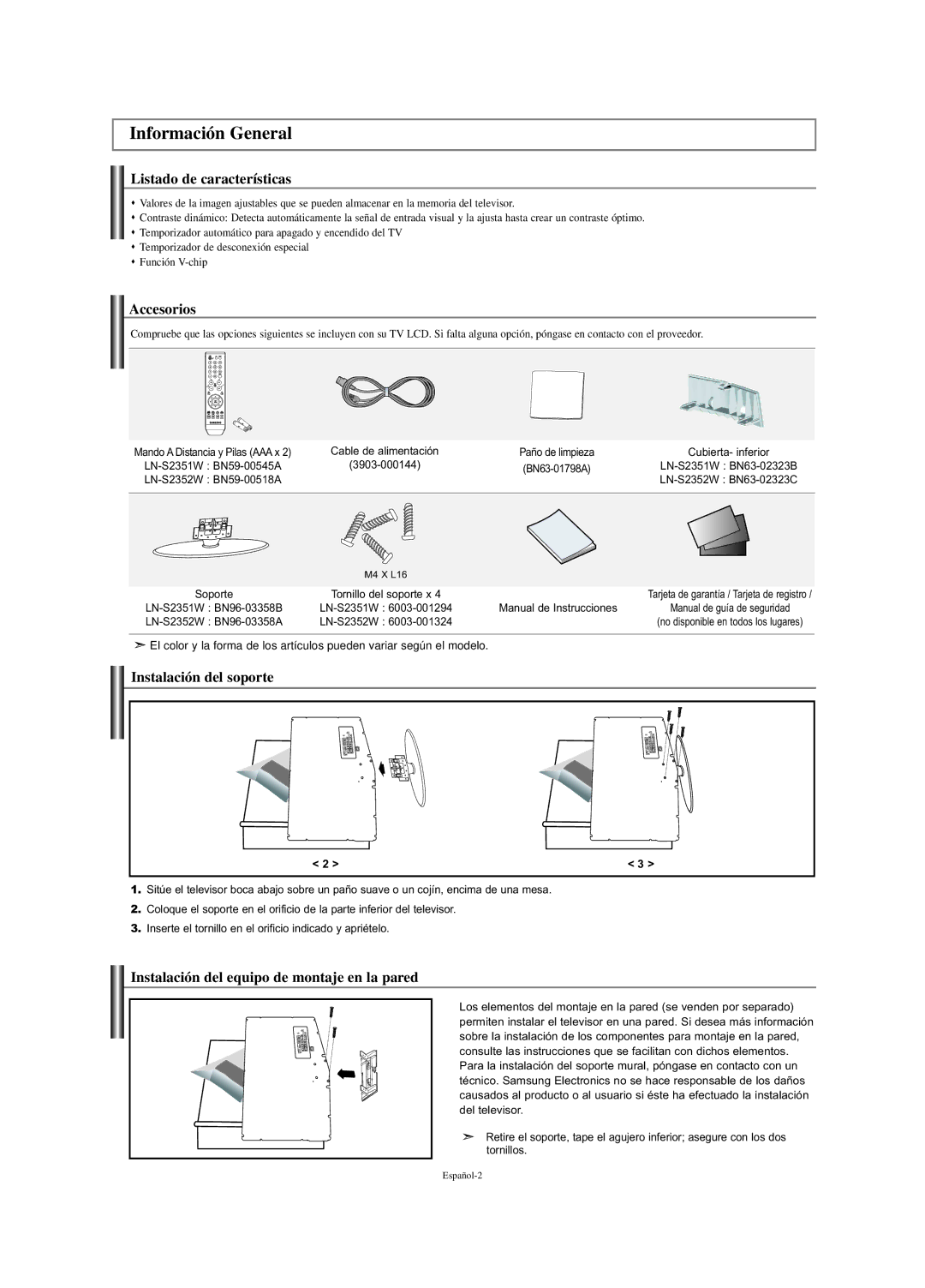 Samsung LN-S2351W manual Listado de características, Accesorios, Instalación del soporte, Manual de Instrucciones 