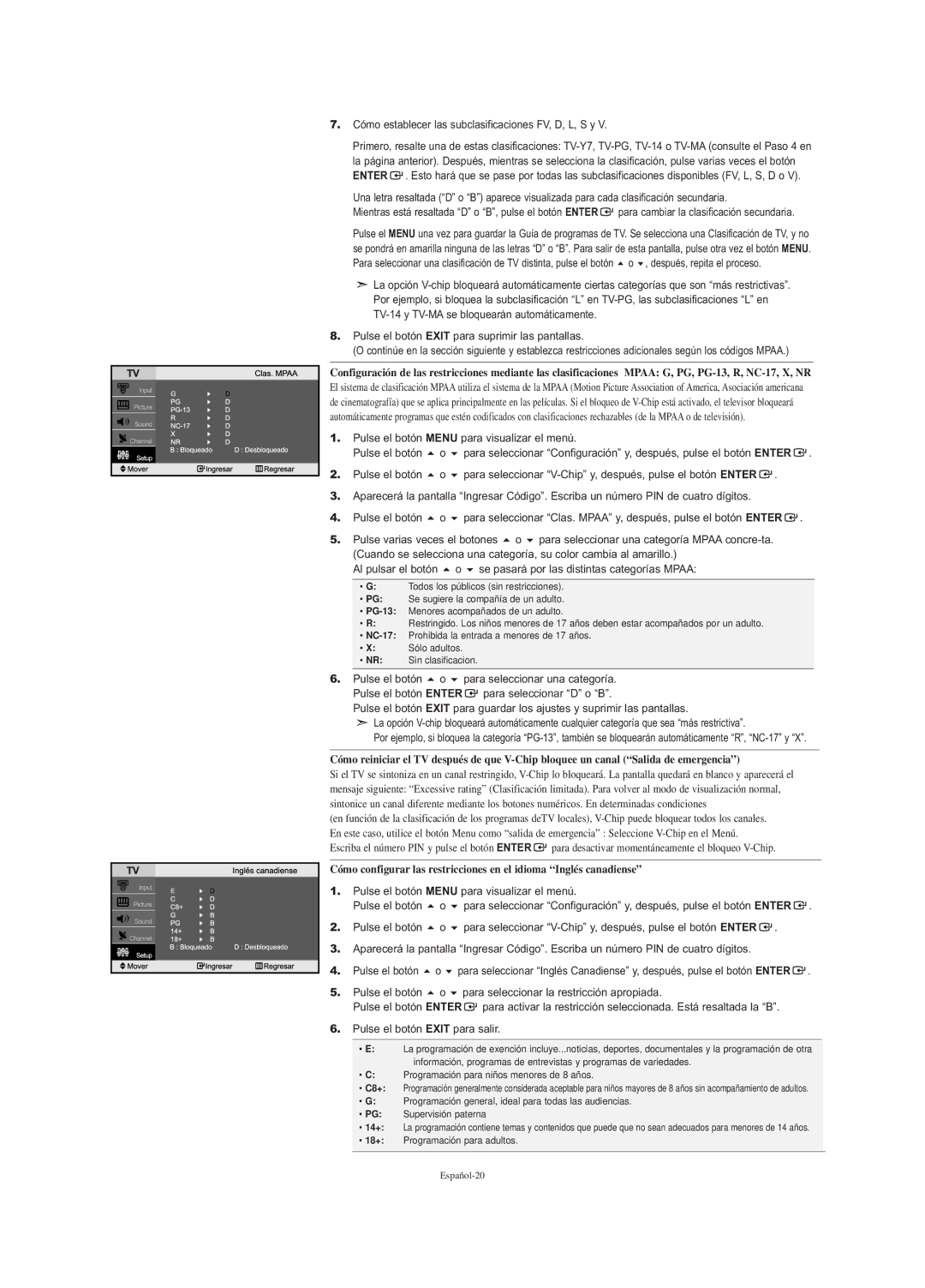 Samsung LN-S2351W manual Cómo establecer las subclasificaciones FV, D, L, S y, Se pasará por las distintas categorías Mpaa 