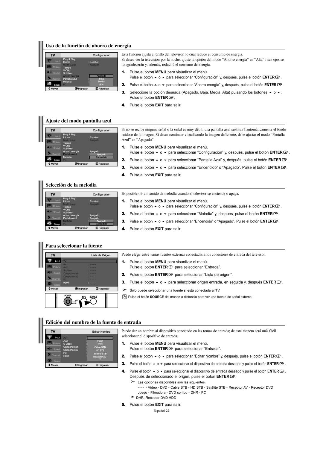 Samsung LN-S2351W manual Uso de la función de ahorro de energía, Ajuste del modo pantalla azul, Selección de la melodía 