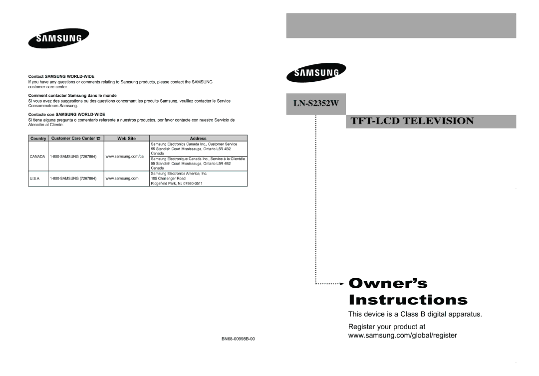 Samsung LN-S2352W manual Contact Samsung WORLD-WIDE, Samsung Electronique Canada Inc., Service á la Clientéle 