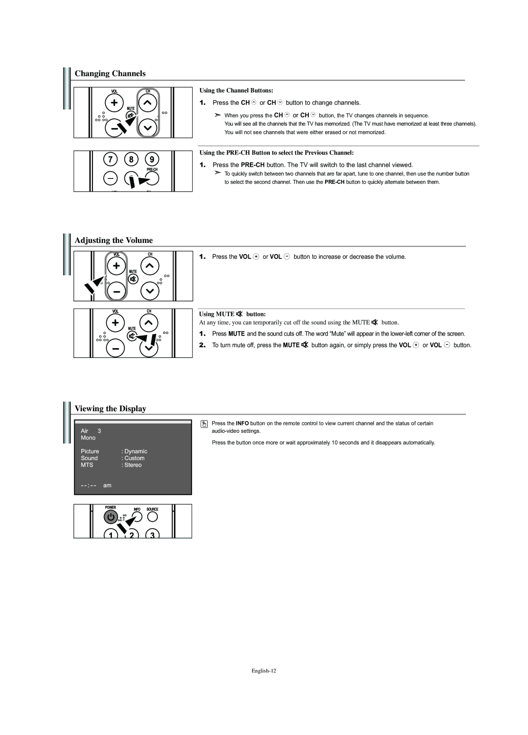 Samsung LN-S2352W manual Changing Channels, Adjusting the Volume, Viewing the Display 