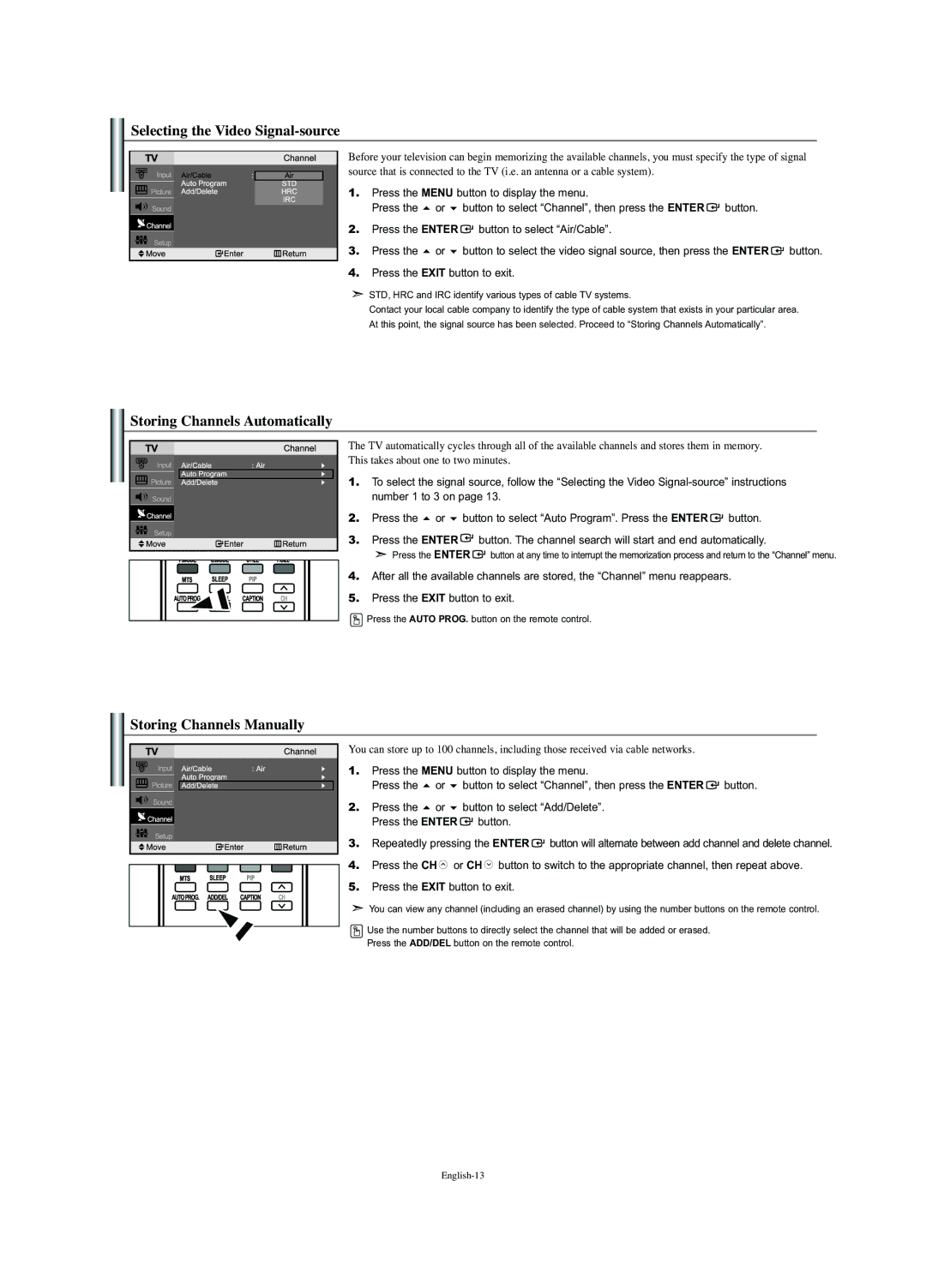 Samsung LN-S2352W manual Selecting the Video Signal-source, Storing Channels Automatically, Storing Channels Manually 