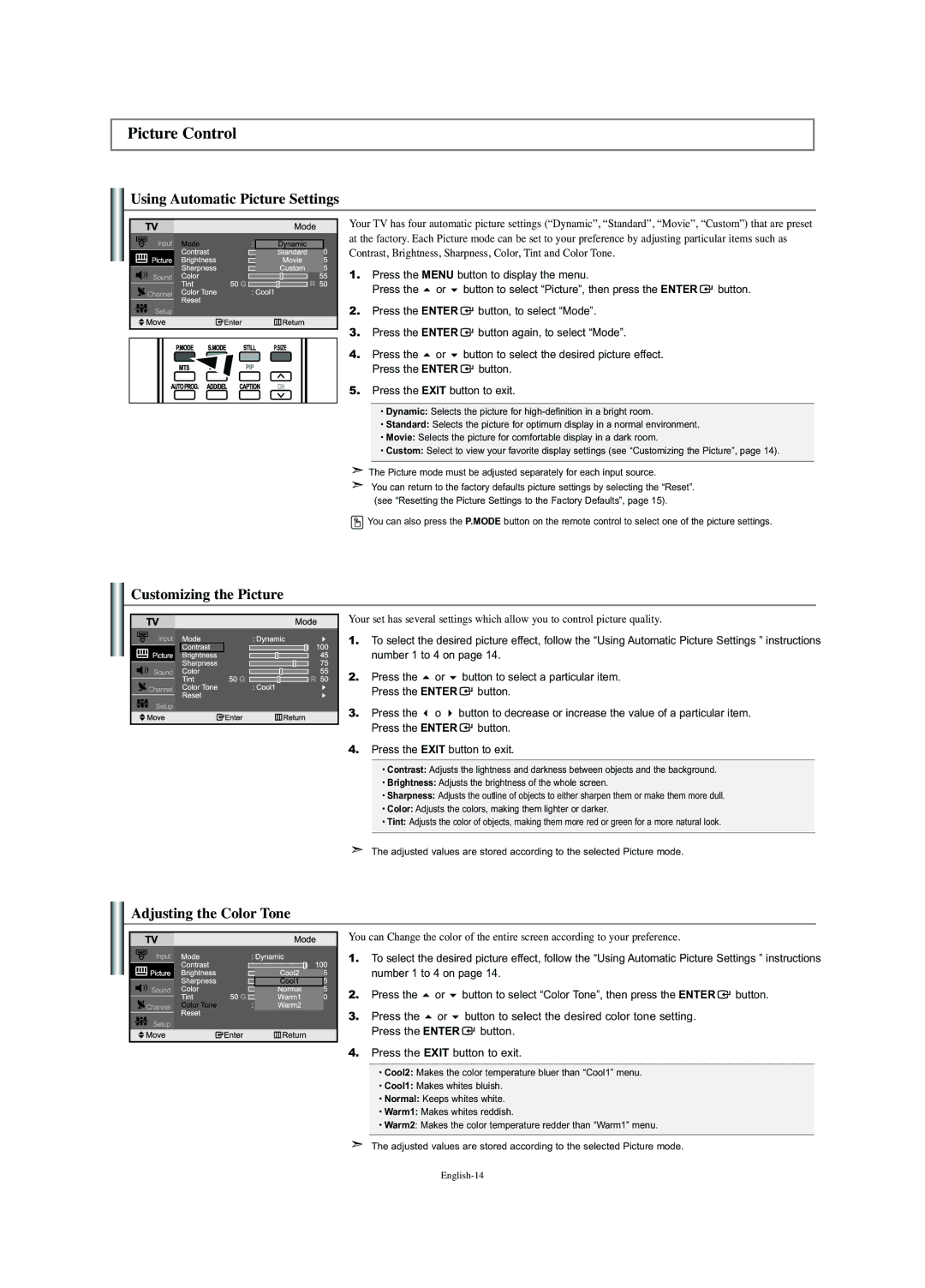 Samsung LN-S2352W Picture Control, Using Automatic Picture Settings, Customizing the Picture, Adjusting the Color Tone 