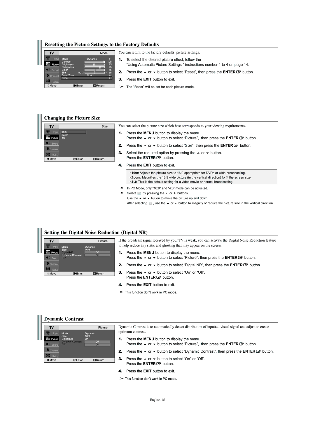 Samsung LN-S2352W Resetting the Picture Settings to the Factory Defaults, Changing the Picture Size, Dynamic Contrast 