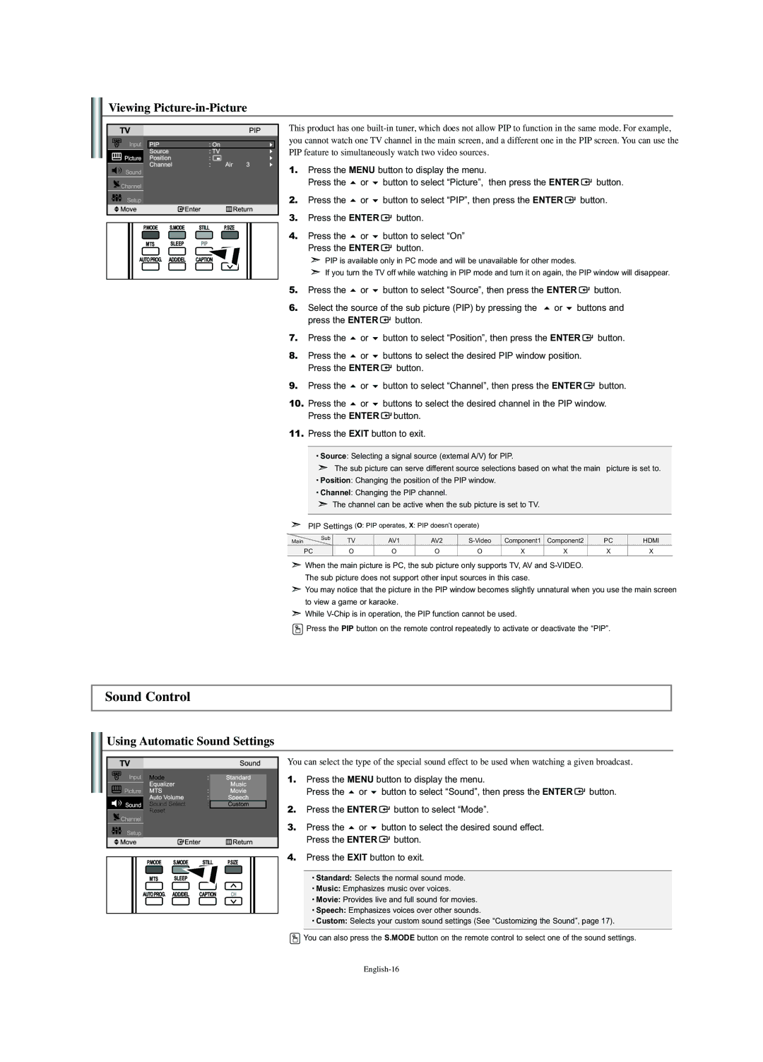 Samsung LN-S2352W manual Sound Control, Viewing Picture-in-Picture, Using Automatic Sound Settings 