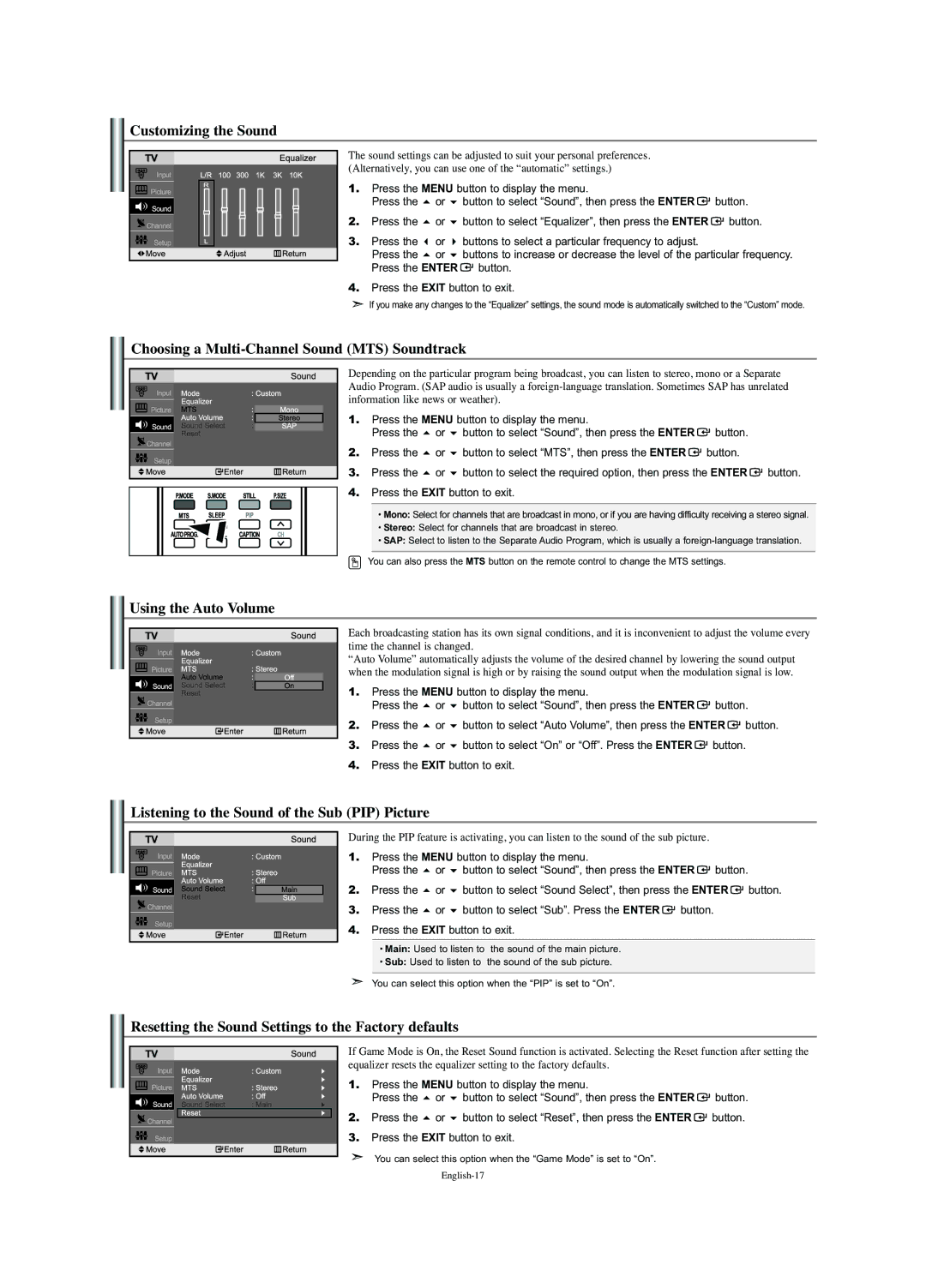 Samsung LN-S2352W manual Customizing the Sound, Choosing a Multi-Channel Sound MTS Soundtrack, Using the Auto Volume 