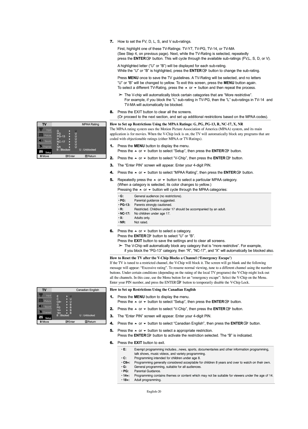 Samsung LN-S2352W Press Button to select a category Press the Enter, How to Set up Restrictions Using the Canadian English 