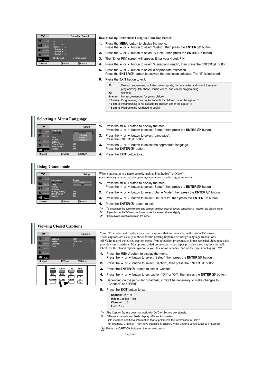 Samsung LN-S2352W manual Selecting a Menu Language, Using Game mode, Viewing Closed Captions 