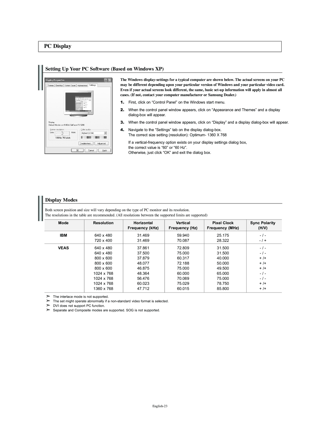 Samsung LN-S2352W manual PC Display, Setting Up Your PC Software Based on Windows XP, Display Modes 