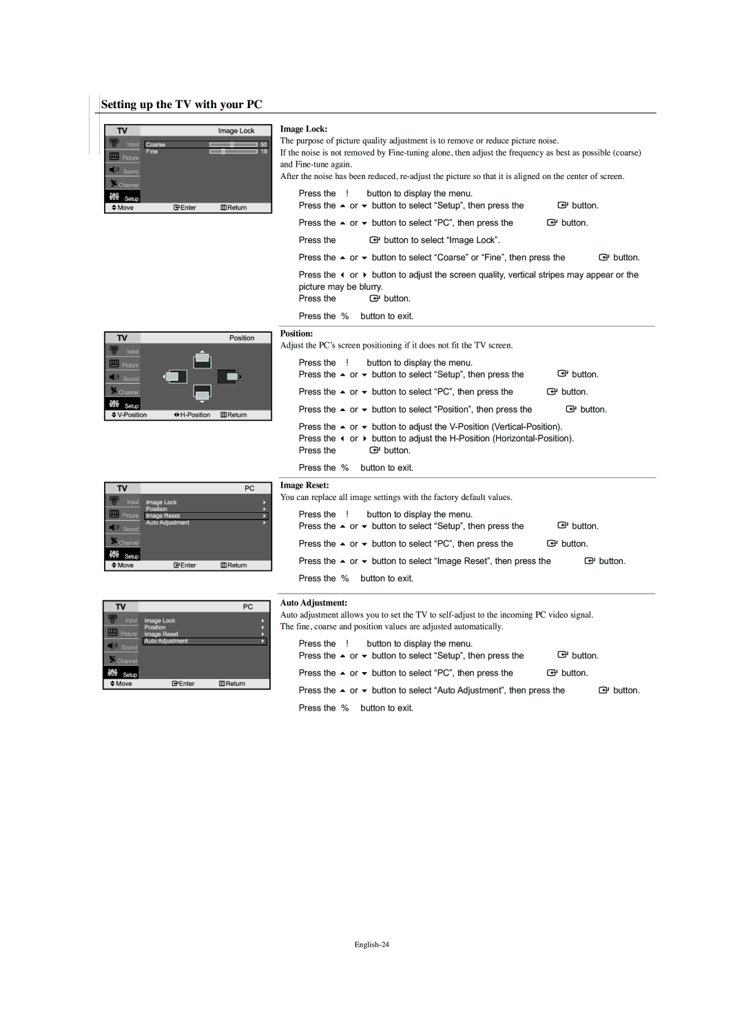 Samsung LN-S2352W manual Setting up the TV with your PC, Image Lock, Position, Image Reset, Auto Adjustment 