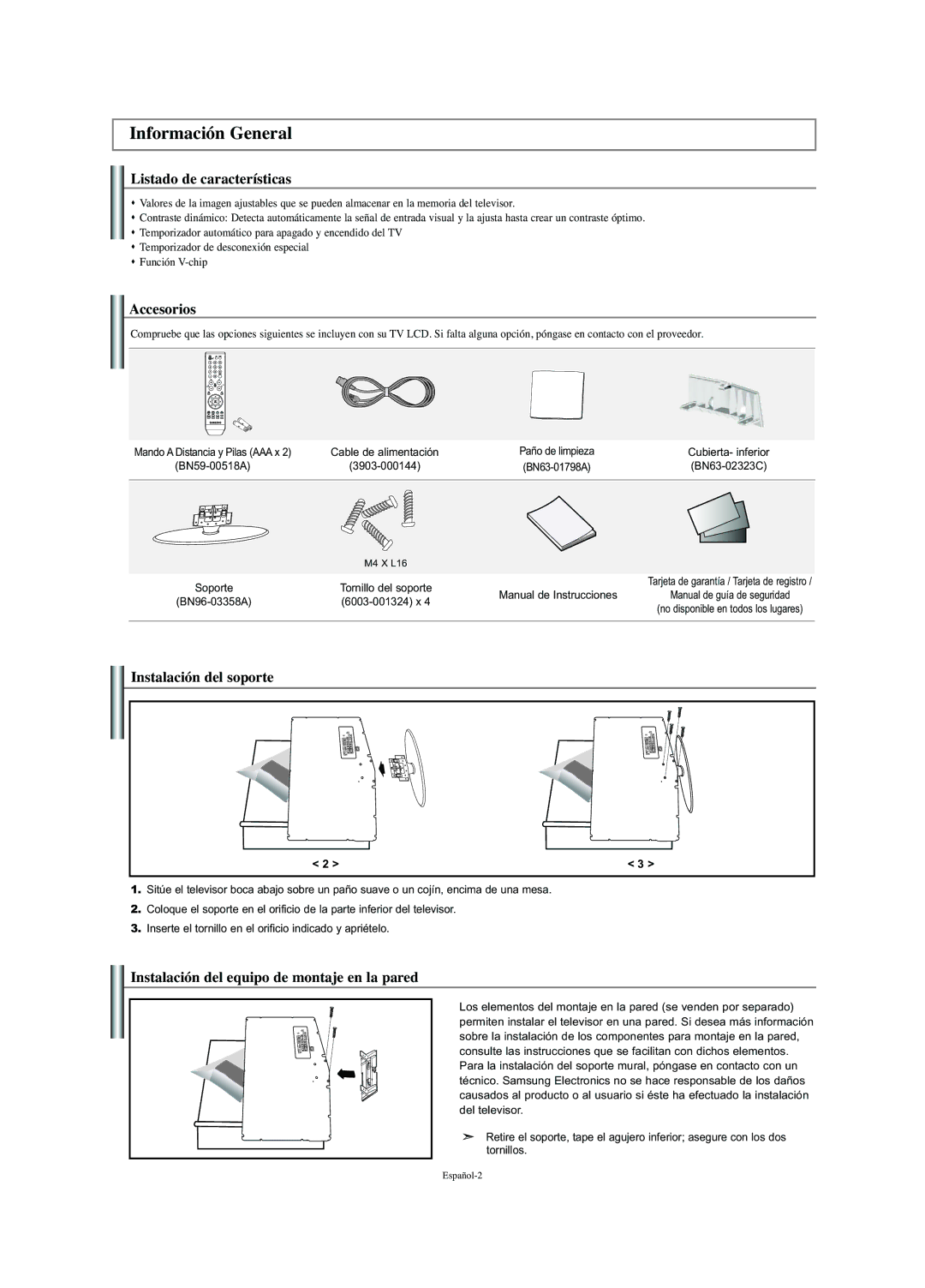 Samsung LN-S2352W manual Listado de características, Accesorios, Instalación del soporte, Manual de Instrucciones 