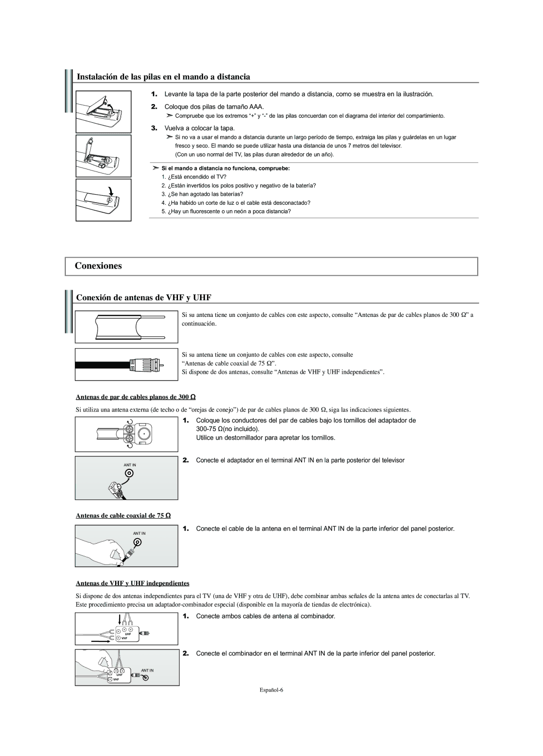 Samsung LN-S2352W manual Conexiones, Instalación de las pilas en el mando a distancia, Conexión de antenas de VHF y UHF 