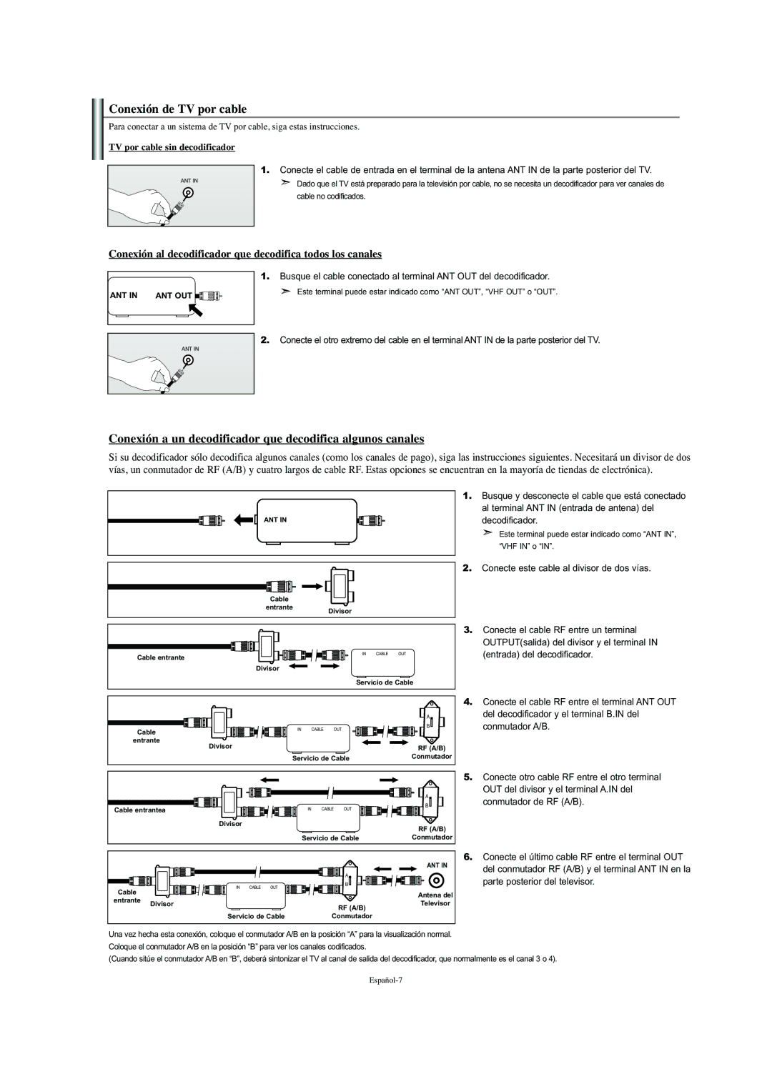 Samsung LN-S2352W manual Conexión de TV por cable, Conexión a un decodificador que decodifica algunos canales 
