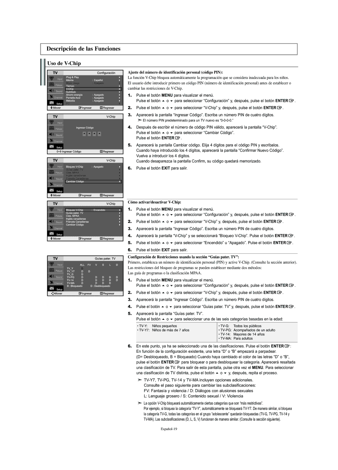 Samsung LN-S2352W Descripción de las Funciones, Uso de V-Chip, Ajuste del número de identificación personal código PIN 