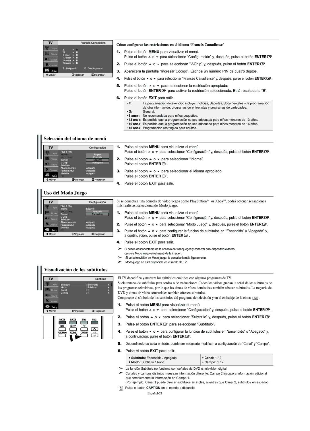 Samsung LN-S2352W manual Selección del idioma de menú, Uso del Modo Juego, Visualización de los subtítulos, Canal 1 Campo 1 