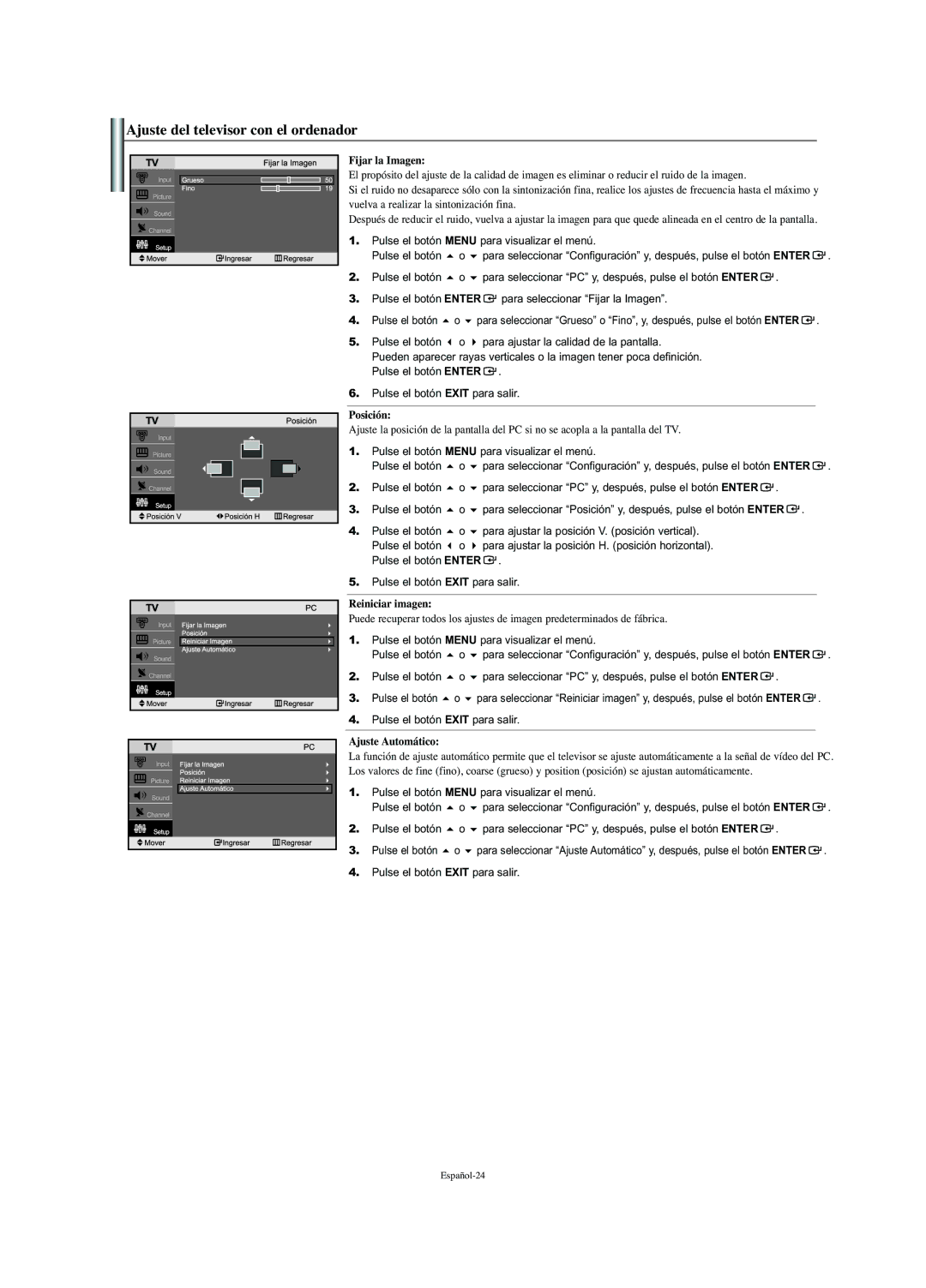 Samsung LN-S2352W Ajuste del televisor con el ordenador, Fijar la Imagen, Posición, Reiniciar imagen, Ajuste Automático 