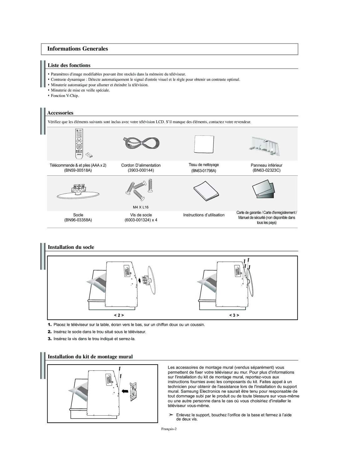 Samsung LN-S2352W Informations Generales, Liste des fonctions, Installation du socle, Installation du kit de montage mural 