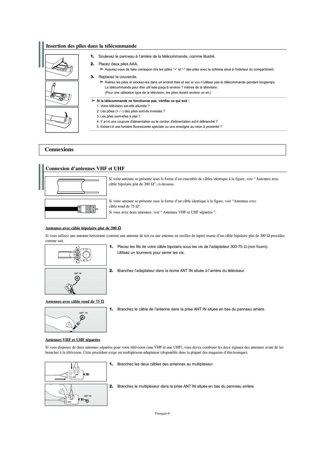 Samsung LN-S2352W manual Connexions, Insertion des piles dans la télécommande, Connexion d’antennes VHF et UHF 