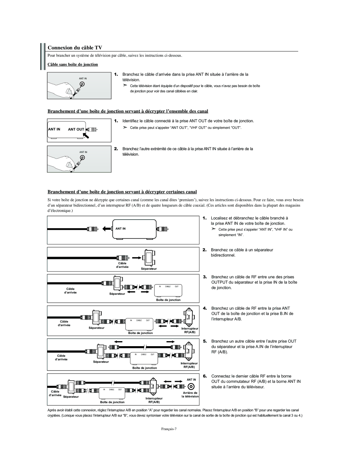 Samsung LN-S2352W Connexion du câble TV, Câble sans boîte de jonction, Branchez ce câble à un séparateur bidirectionnel 