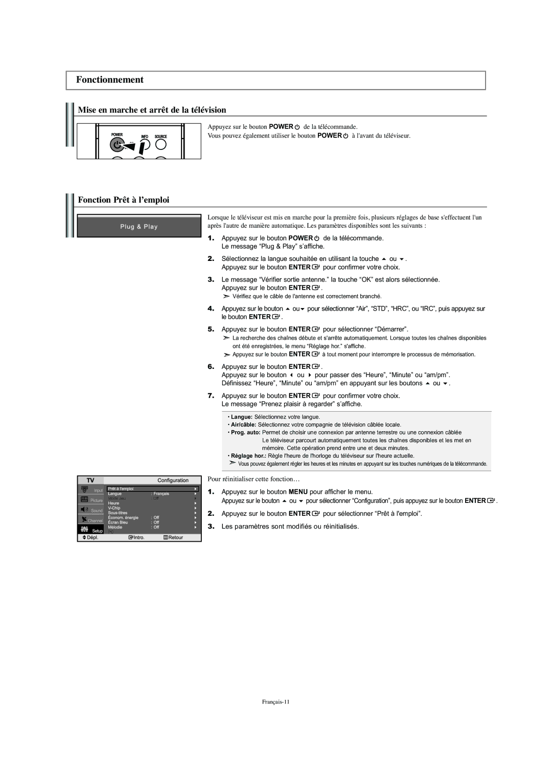 Samsung LN-S2352W manual Fonctionnement, Mise en marche et arrêt de la télévision, Fonction Prêt à l’emploi 