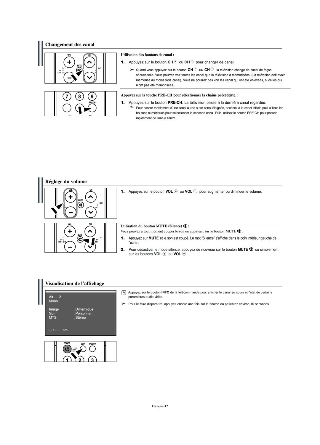 Samsung LN-S2352W Changement des canal, Réglage du volume, Visualisation de l’affichage, Utilisation des boutons de canal 