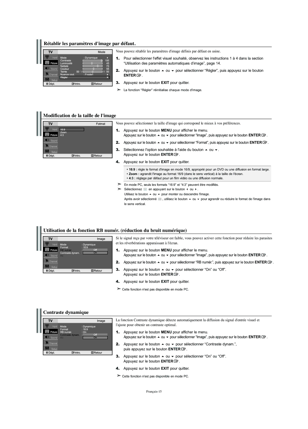 Samsung LN-S2352W Rétablir les paramètres dimage par défaut, Modification de la taille de limage, Contraste dynamique 